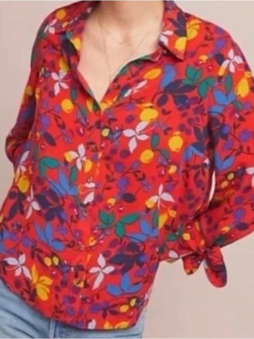 Maeve Floral Button-Up Blouse in Bright Red, 16W, Anthropologie